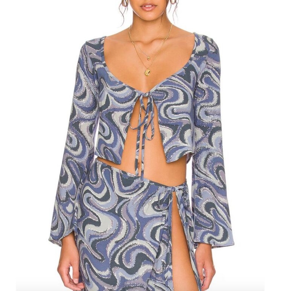 INDAH Margo Mini Skirt in Imagine Blue Purple Silver Swirl Patterned Swim Sarong